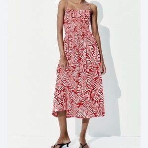 H&M Red and White Leaf Print Midi Dress